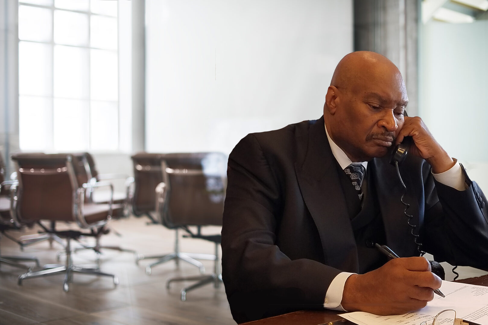 A man in suit and tie sitting at table with papers.