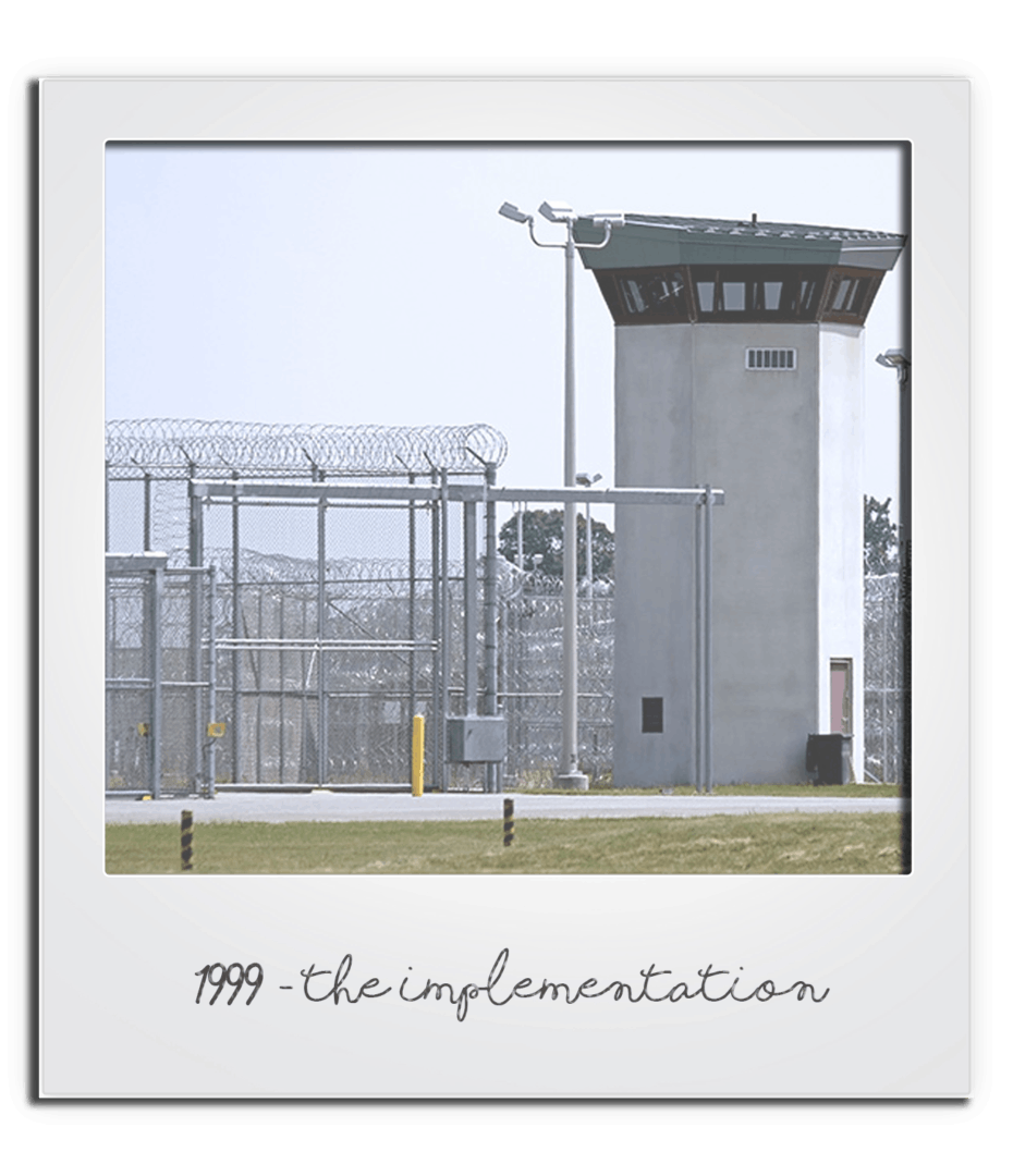 A prison cell with the words " 1 9 9 9-the implementation ".